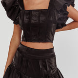 Debutante Ruffle Sleeve Crop Top Black