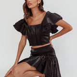 Debutante Ruffle Sleeve Crop Top Black