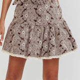 Southern Belles Belted Waist Mini Skirt Floral Brown