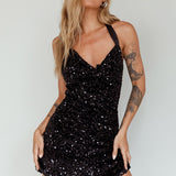 Star Lights Halterneck Mini Dress Sequin Black