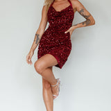 Star Lights Halterneck Mini Dress Sequin Merlot