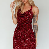 Star Lights Halterneck Mini Dress Sequin Merlot
