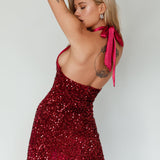 Star Lights Halterneck Mini Dress Sequin Merlot