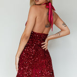 Star Lights Halterneck Mini Dress Sequin Merlot