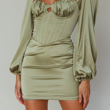Au Revoir Long Sleeve Satin Mini Dress Sage
