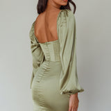 Au Revoir Long Sleeve Satin Mini Dress Sage