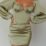 Au Revoir Long Sleeve Satin Mini Dress Sage