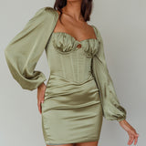 Au Revoir Long Sleeve Satin Mini Dress Sage