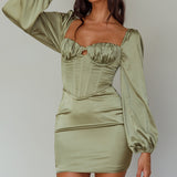 Au Revoir Long Sleeve Satin Mini Dress Sage
