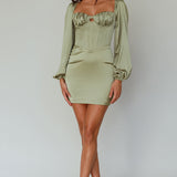 Au Revoir Long Sleeve Satin Mini Dress Sage