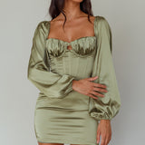 Au Revoir Long Sleeve Satin Mini Dress Sage