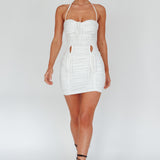 Harli Ruched Drawstring Keyhole Mini Dress White