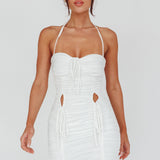 Harli Ruched Drawstring Keyhole Mini Dress White