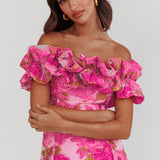Memoire Off-Shoulder Textured Mini Dress Pink