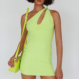 Malaga One-Shoulder Keyhole Mini Dress Lime