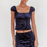 Good Luck Ribbon Trim Velvet Top Navy