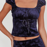 Good Luck Ribbon Trim Velvet Top Navy
