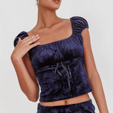 Good Luck Ribbon Trim Velvet Top Navy