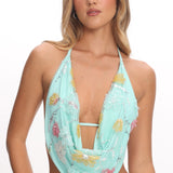 Kavera Cowl Halter Top Floral Sequin Aqua