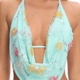 Kavera Cowl Halter Top Floral Sequin Aqua