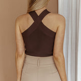 Kansas Crossover Neck Knit Top Brown