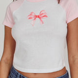 Melting Hearts Bow Raglan Tee White/Pink