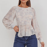 Helix Balloon Sleeves Peplum Top Dusty Blue/Peach