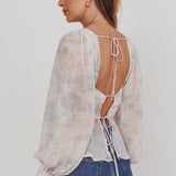 Helix Balloon Sleeves Peplum Top Dusty Blue/Peach