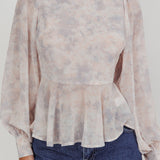 Helix Balloon Sleeves Peplum Top Dusty Blue/Peach