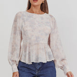 Helix Balloon Sleeves Peplum Top Dusty Blue/Peach