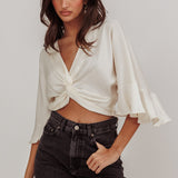 Rejoice Flounce Sleeve Knot Top Ivory