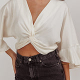 Rejoice Flounce Sleeve Knot Top Ivory