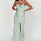 Elpis Cowl Button Satin Maxi Dress Mint
