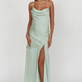 Elpis Cowl Button Satin Maxi Dress Mint