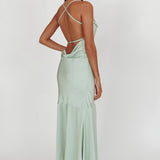 Elpis Cowl Button Satin Maxi Dress Mint