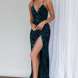 Bellerose Thigh Split Sequin Dress Emerald