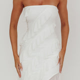 Just Friends Strapless Ruffle Maxi Dress Off White