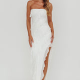Just Friends Strapless Ruffle Maxi Dress Off White