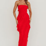 Just Friends Strapless Ruffle Maxi Dress Red