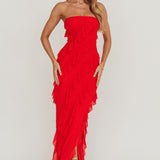 Just Friends Strapless Ruffle Maxi Dress Red