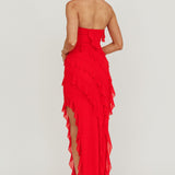 Just Friends Strapless Ruffle Maxi Dress Red