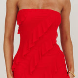 Just Friends Strapless Ruffle Maxi Dress Red