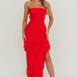 Just Friends Strapless Ruffle Maxi Dress Red