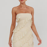 Gold Stars Strapless Ruffle Mini Dress Beige