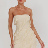 Gold Stars Strapless Ruffle Mini Dress Beige