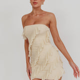 Gold Stars Strapless Ruffle Mini Dress Beige