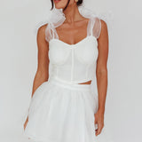 High Class Bow Shoulder Crop Top White