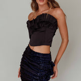 La Belle Frill Neckline Crop Top Black