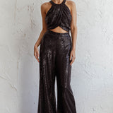 Anything Goes Draped Sequin Crop Top Black