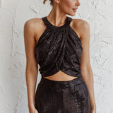 Anything Goes Draped Sequin Crop Top Black
